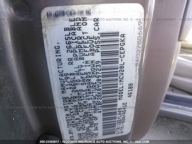 4T1BF28K0YU097239 - 2000 TOYOTA CAMRY LE/XLE GRAY photo 9