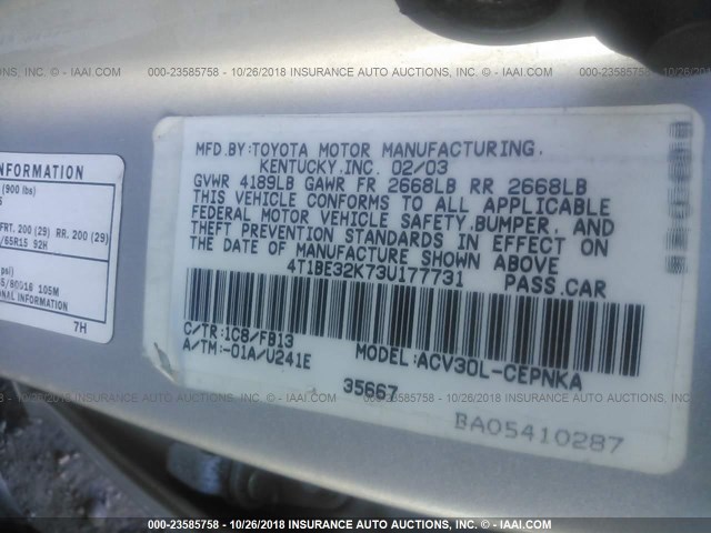 4T1BE32K73U177731 - 2003 TOYOTA CAMRY LE/XLE/SE SILVER photo 9
