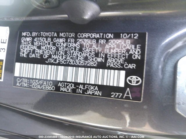 JTKJF5C73D3057282 - 2013 TOYOTA SCION TC 灰色 照片 9