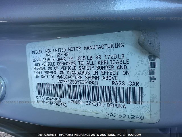 1NXBR12E8YZ363921 - 2000 TOYOTA COROLLA VE/CE/LE SILVER photo 9