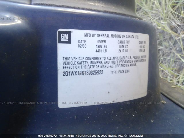 2G1WX12K739325922 - 2003 CHEVROLET MONTE CARLO SS ლურჯი ფოტო 9