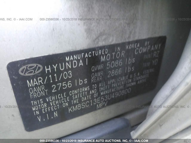 KM8SC13E53U490800 - 2003 HYUNDAI SANTA FE GLS/LX SILVER photo 9