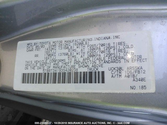 5TBRT34193S420238 - 2003 TOYOTA TUNDRA ACCESS CAB SR5 SILVER photo 9