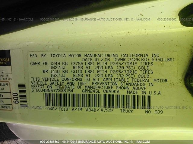 5TEUU42N57Z338154 - 2007 TOYOTA TACOMA ACCESS CAB Սպիտակ լուսանկար 9