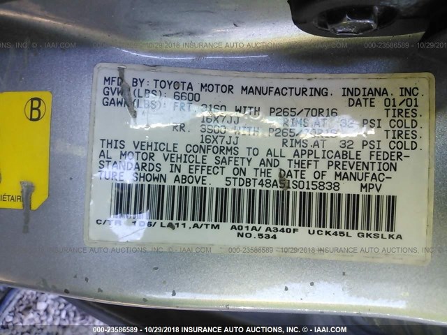 5TDBT48A51S015838 - 2001 TOYOTA SEQUOIA LIMITED SILVER photo 9