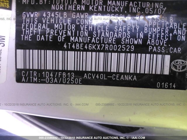 4T4BE46KX7R002529 - 2007 TOYOTA CAMRY NEW GENERAT CE/LE/XLE/SE SILVER photo 9