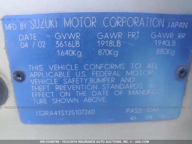 JS2RA41S125107260 - 2002 SUZUKI AERIO S/GS SILVER photo 9