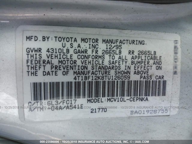 4T1BF12K8TU126059 - 1996 TOYOTA CAMRY LE/XLE/SE 银色 照片 9