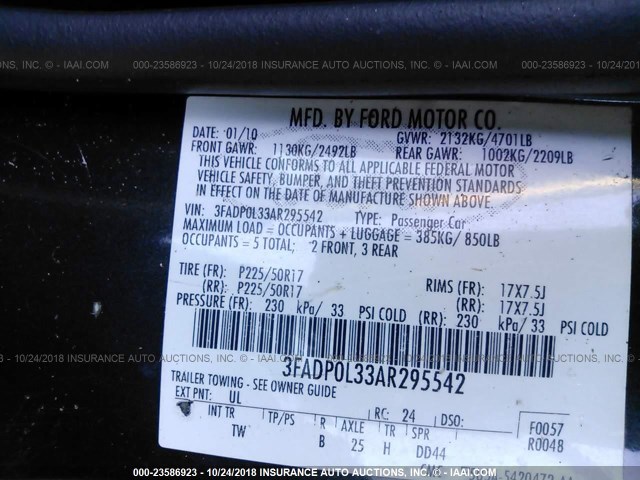 3FADP0L33AR295542 - 2010 FORD FUSION HYBRID BLACK photo 9