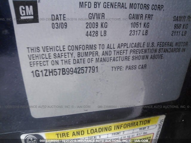 1G1ZH57B994257791 - 2009 CHEVROLET MALIBU 1LT BLUE photo 9