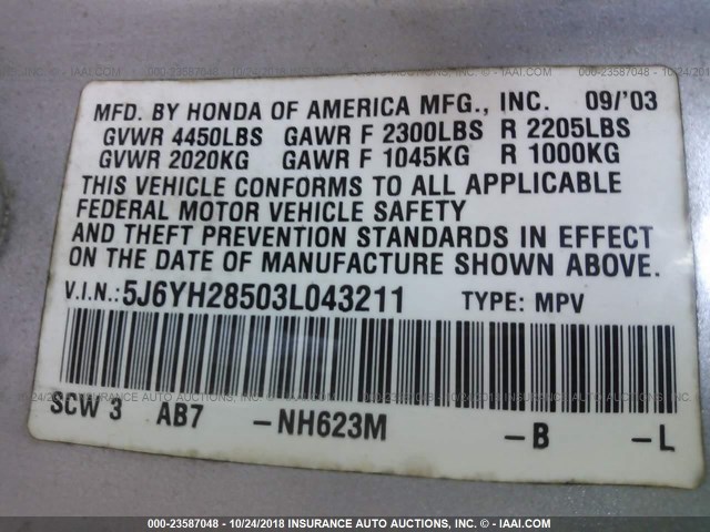 5J6YH28503L043211 - 2003 HONDA ELEMENT EX BLUE photo 9