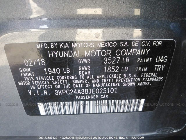 3KPC24A38JE025101 - 2018 HYUNDAI ACCENT SEL GRAY photo 9