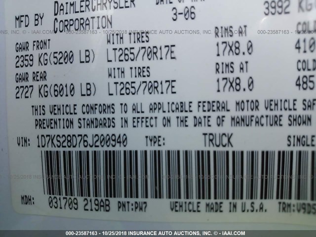 1D7KS28D76J200940 - 2006 DODGE RAM 2500 ST/SLT 白色 照片 9