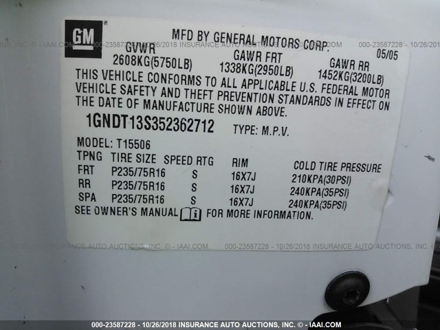 1GNDT13S352362712 - 2005 CHEVROLET TRAILBLAZER LS/LT თეთრი ფოტო 9