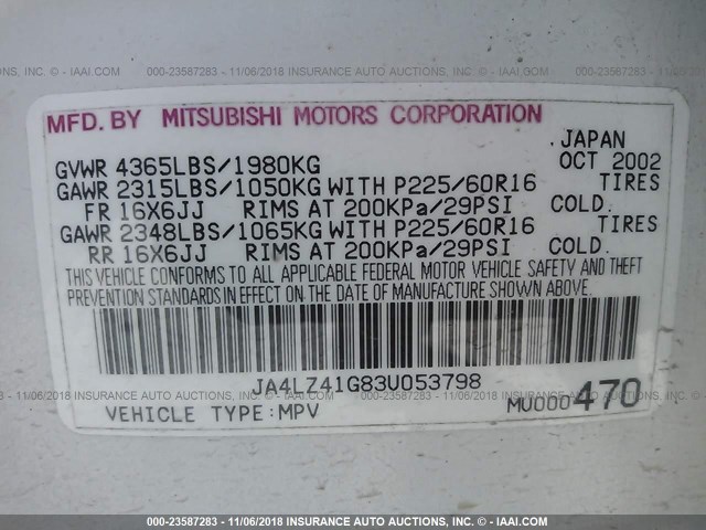 JA4LZ41G83U053798 - 2003 MITSUBISHI OUTLANDER XLS WHITE photo 9