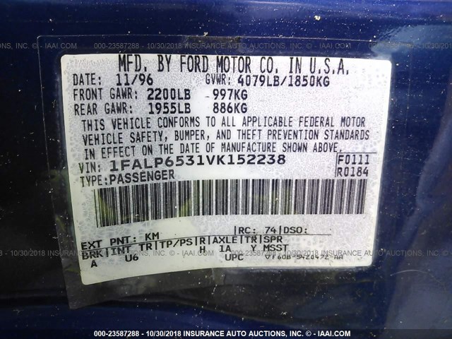 1FALP6531VK152238 - 1997 FORD CONTOUR GL/SPORT BLUE photo 9