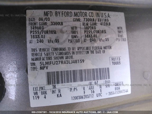 5LMFU27R43LJ48159 - 2003 LINCOLN NAVIGATOR 棕色 照片 9