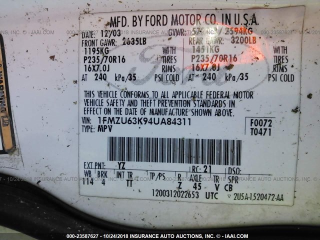 1FMZU63K94UA84311 - 2004 FORD EXPLORER XLT/XLT SPORT/NBX 白色 照片 9