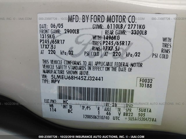 5LMEU68H45ZJ32441 - 2005 LINCOLN AVIATOR 奶油色 照片 9