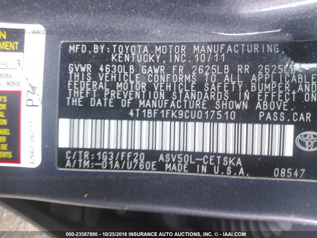 4T1BF1FK9CU017510 - 2012 TOYOTA CAMRY SE/LE/XLE ნაცრისფერი ფოტო 9