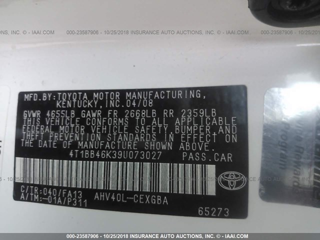 4T1BB46K39U073027 - 2009 TOYOTA CAMRY HYBRID WHITE photo 9