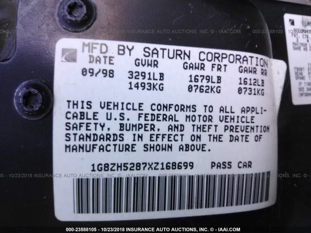 1G8ZH5287XZ168699 - 1999 SATURN SL1 BLACK photo 9