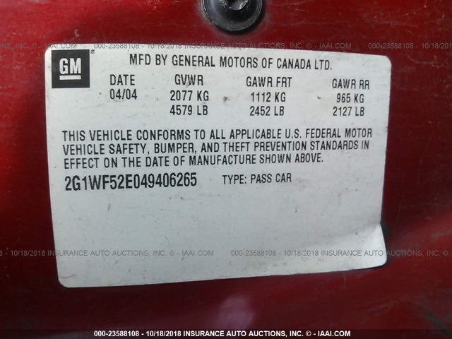 2G1WF52E049406265 - 2004 CHEVROLET IMPALA RED photo 9