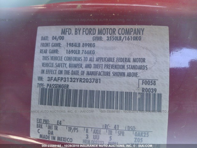 3FAFP3132YR203781 - 2000 FORD FOCUS ZX3 RED photo 9