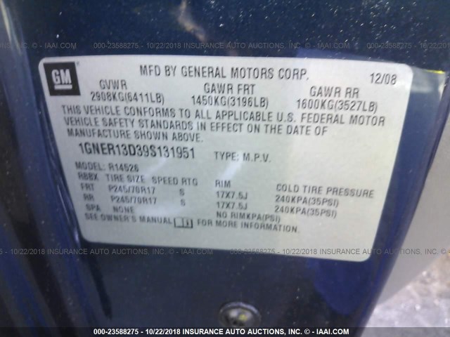 1GNER13D39S131951 - 2009 CHEVROLET TRAVERSE LS BLUE photo 9