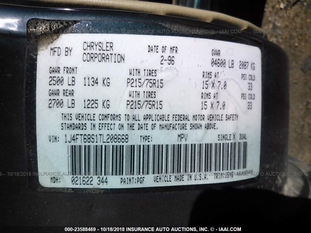 1J4FT68S1TL208668 - 1996 JEEP CHEROKEE SPORT/CLASSIC ტურკოუსი ფოტო 9