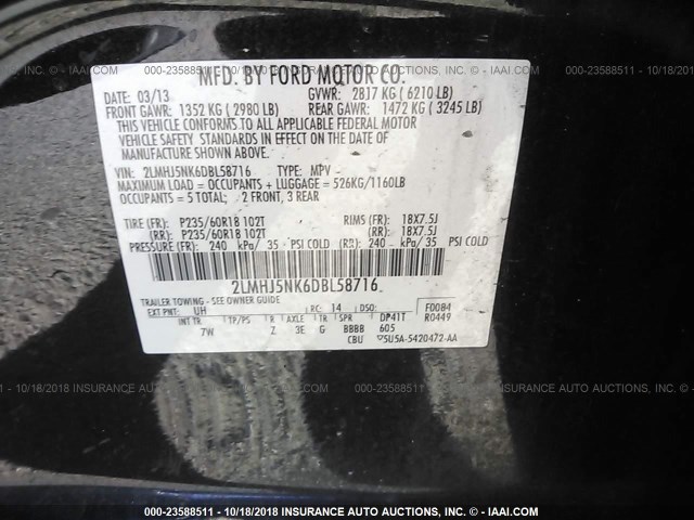 2LMHJ5NK6DBL58716 - 2013 LINCOLN MKT BLACK photo 9