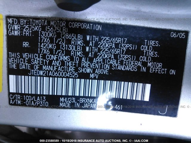 JTEDW21A060004525 - 2006 TOYOTA HIGHLANDER HYBRID SILVER photo 9