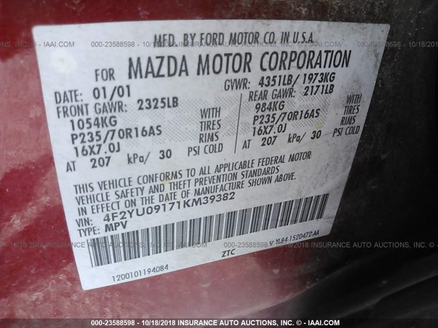 4F2YU09171KM39382 - 2001 MAZDA TRIBUTE LX/ES MAROON photo 9