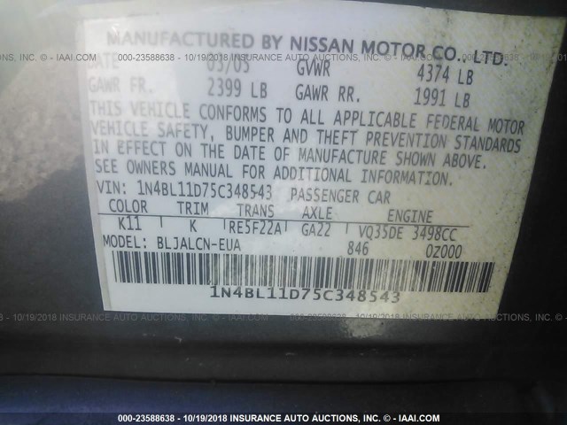 1N4BL11D75C348543 - 2005 NISSAN ALTIMA SE/SL/SE-R GRAY photo 9