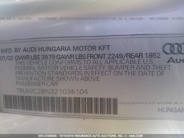 TRUWC28N321036104 - 2002 AUDI TT QUATTRO SILVER photo 9