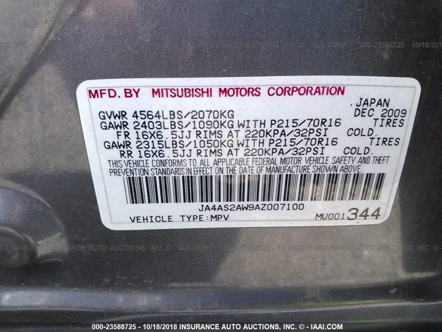 JA4A52AW9AZ007100 - 2010 MITSUBISHI OUTLANDER ES Boz foto 9