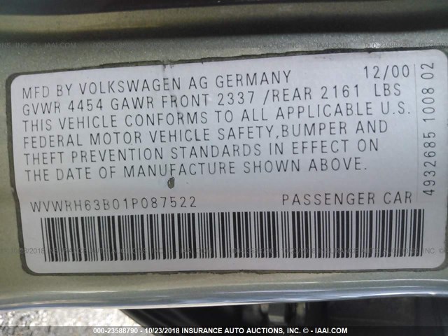 WVWRH63B01P087522 - 2001 VOLKSWAGEN PASSAT GLX 绿色 照片 9
