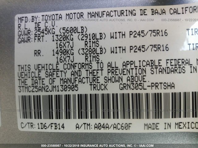 3TMCZ5AN2JM130905 - 2018 TOYOTA TACOMA DBL CAB/SR/TRDSPT/OR/PRO ვერცხლისფერი ფოტო 9