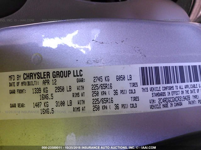 2C4RDGCGXCR319428 - 2012 DODGE GRAND CARAVAN SXT SILVER photo 9