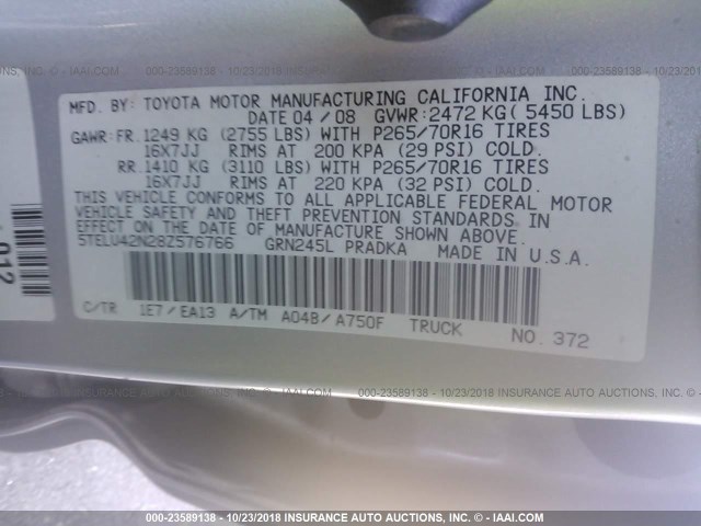 5TELU42N28Z576766 - 2008 TOYOTA TACOMA DOUBLE CAB 银色 照片 9