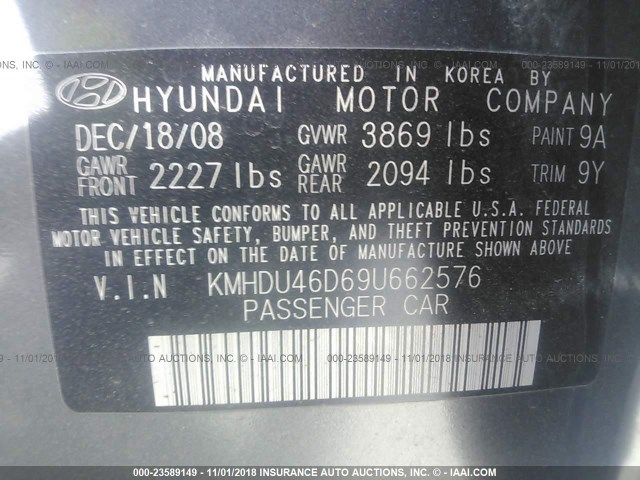 KMHDU46D69U662576 - 2009 HYUNDAI ELANTRA GLS/SE GRAY photo 9