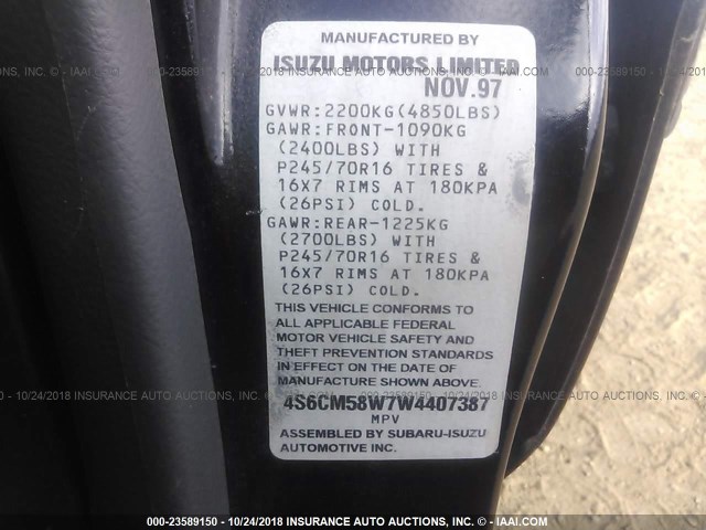 4S6CM58W7W4407387 - 1998 HONDA PASSPORT EX/LX 黑色 照片 9