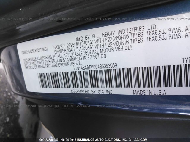 4S4BP60C486353959 - 2008 SUBARU OUTBACK BLUE photo 9