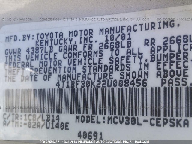 4T1BF30K22U008456 - 2002 TOYOTA CAMRY LE/XLE/SE 银色 照片 9