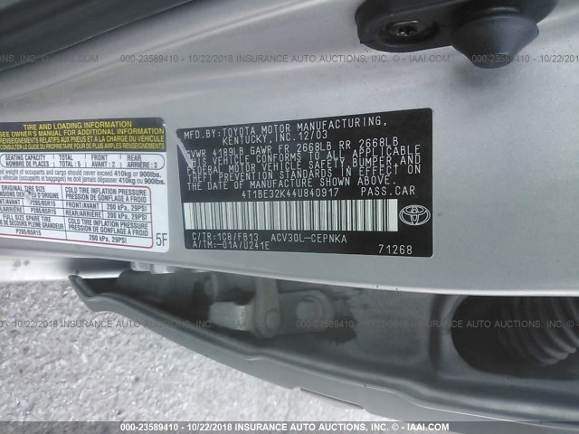 4T1BE32K44U840917 - 2004 TOYOTA CAMRY LE/XLE/SE 银色 照片 9