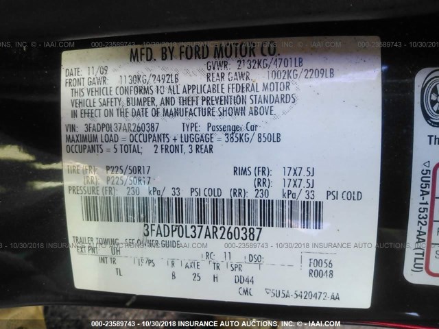 3FADP0L37AR260387 - 2010 FORD FUSION HYBRID BLACK photo 9