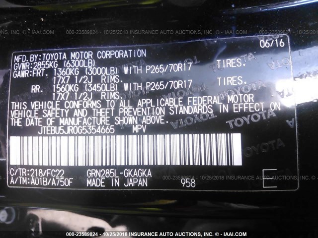 JTEBU5JR0G5354665 - 2016 TOYOTA 4RUNNER SR5 PREM/LTDL/TRAIL/TRD BLACK photo 9