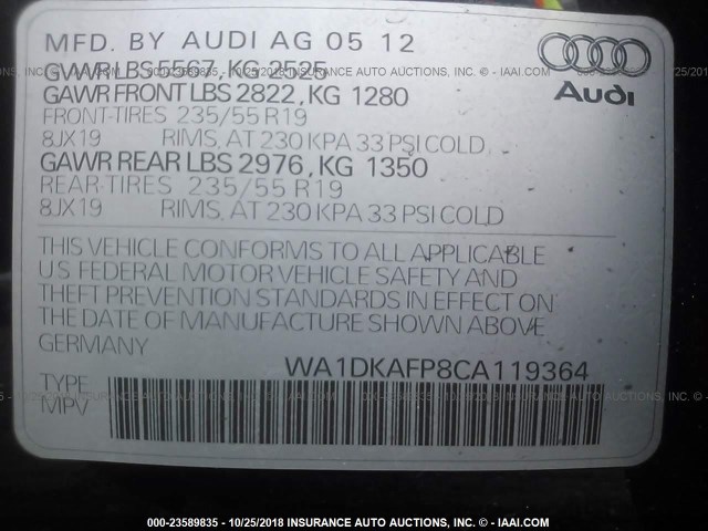 WA1DKAFP8CA119364 - 2012 AUDI Q5 PREMIUM PLUS BLACK photo 9