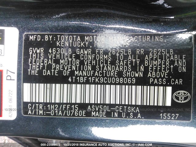 4T1BF1FK9CU098069 - 2012 TOYOTA CAMRY SE/LE/XLE GREEN photo 9