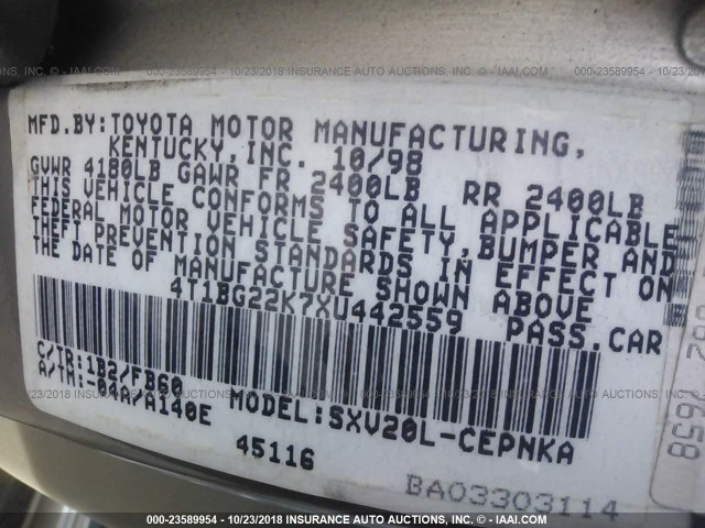 4T1BG22K7XU442559 - 1999 TOYOTA CAMRY CE/LE/XLE 金色 照片 9